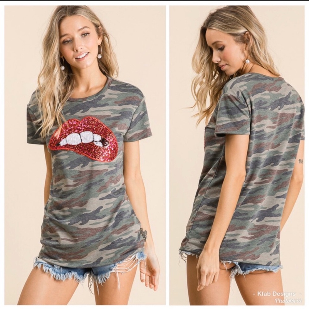 Green Camo with Red Sequin Lips Tee